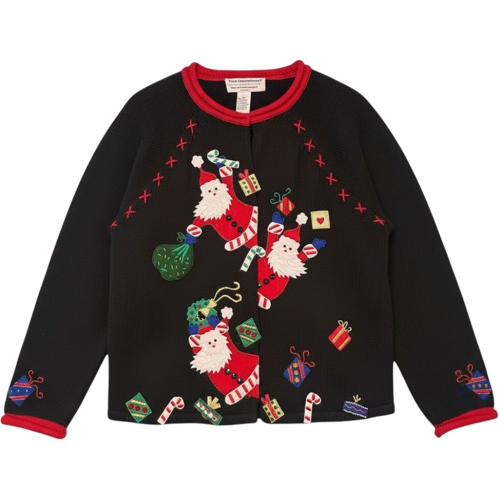 Tiara International Christmas Cardigan Sweater Black Women Medium Santa Claus